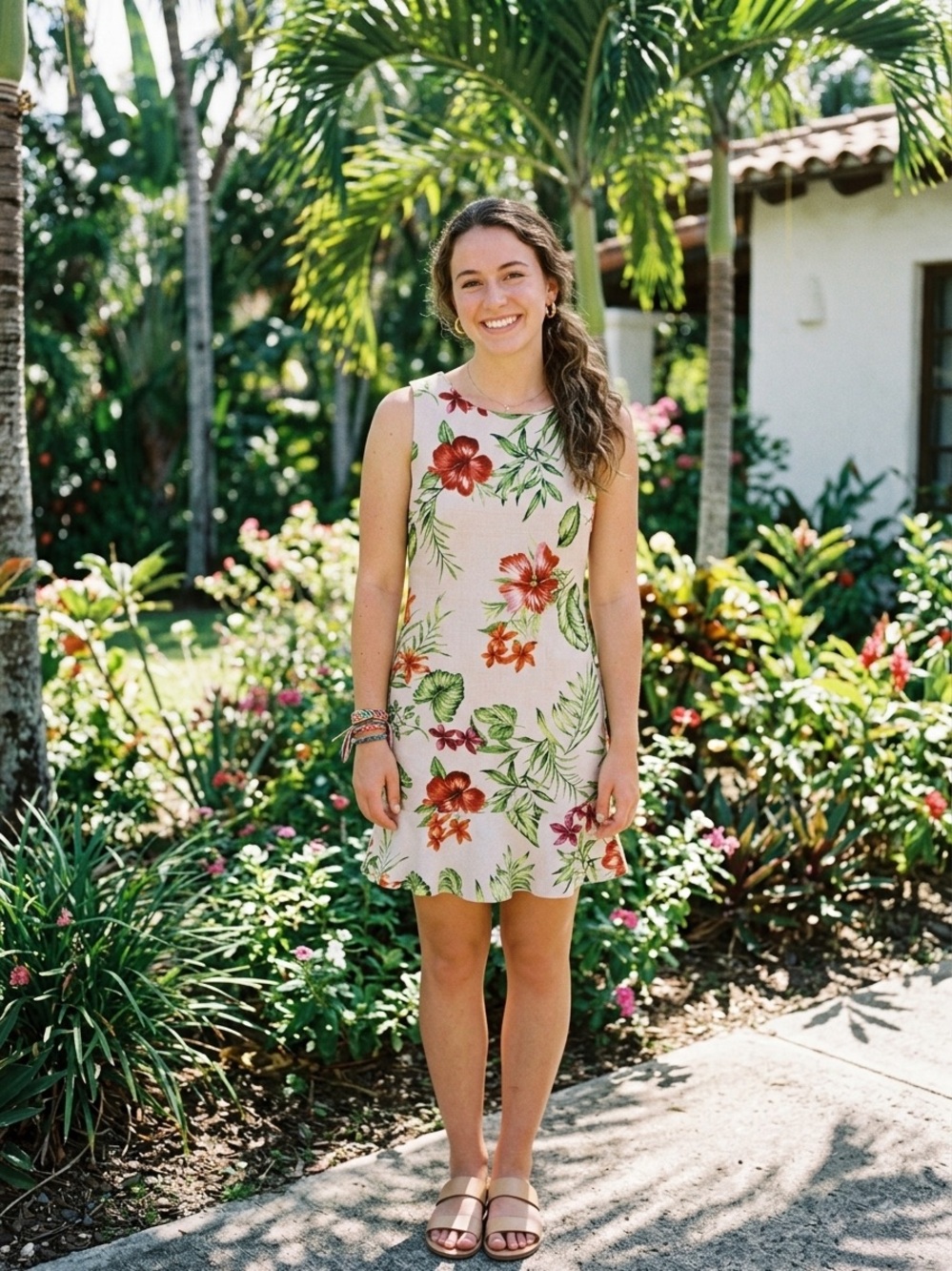 Tropical Floral Sleeveless Midi Dress in Cream and Green